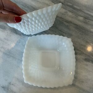 Anchor Hocking Hobnail Patterned Milk Glass Dish Bowl Set Of 2 Vintage Pieces